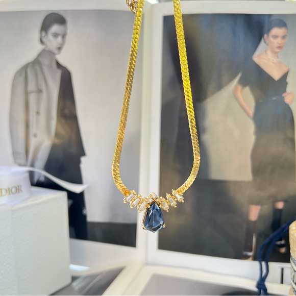 DIOR Water Drop Necklace Gold Plated Christian Dior Jewelry Emerald Cut - Picture 3 of 13